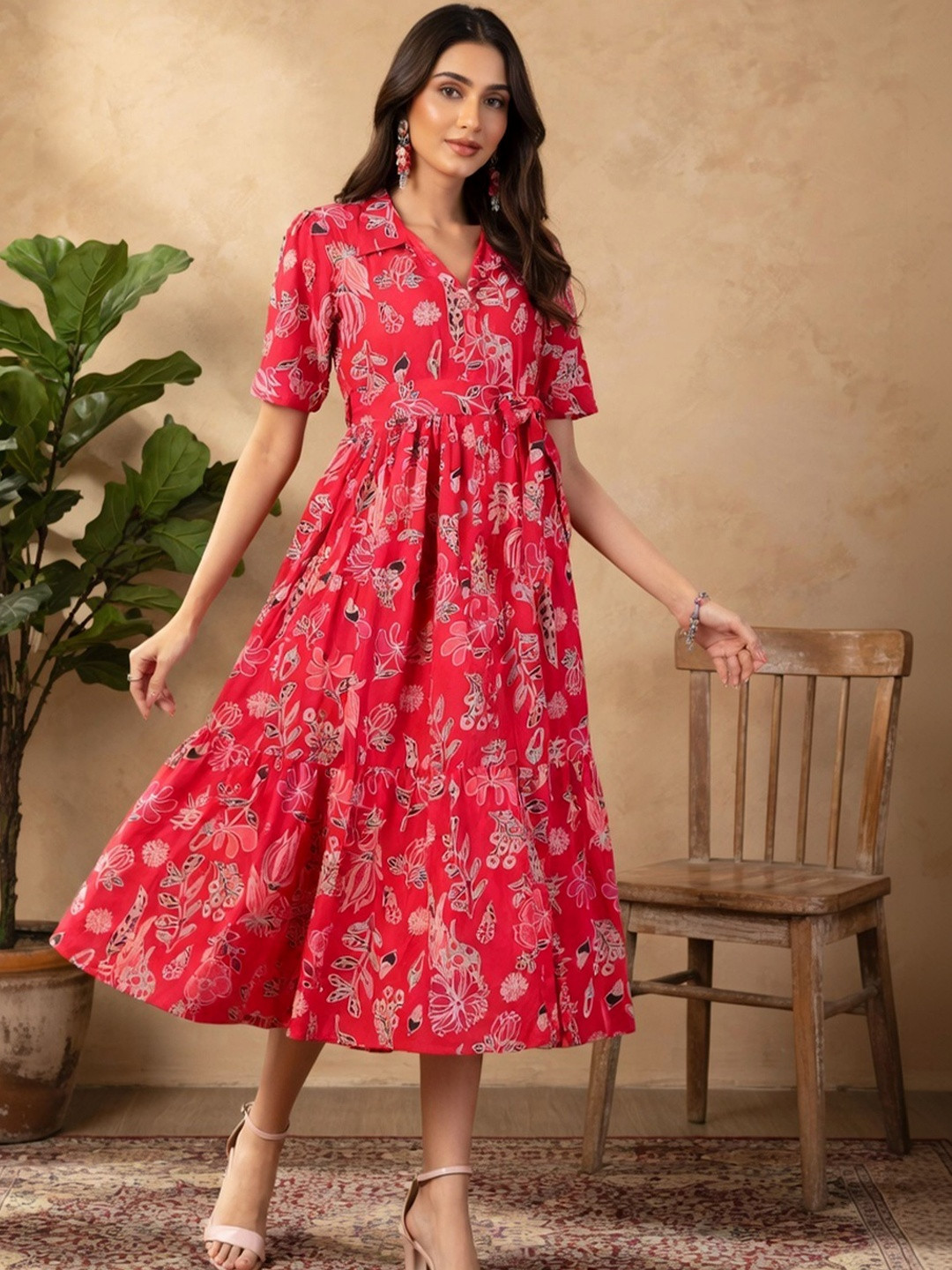 Sangria FUZN Floral Print Fit & Flare Midi Dress