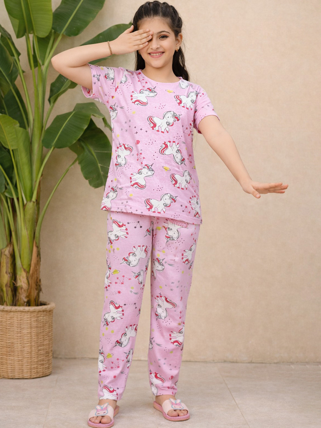 Ninos Dreams Girl Pink Cartoon Characters Printed T-shirt Pyjamas Night suit