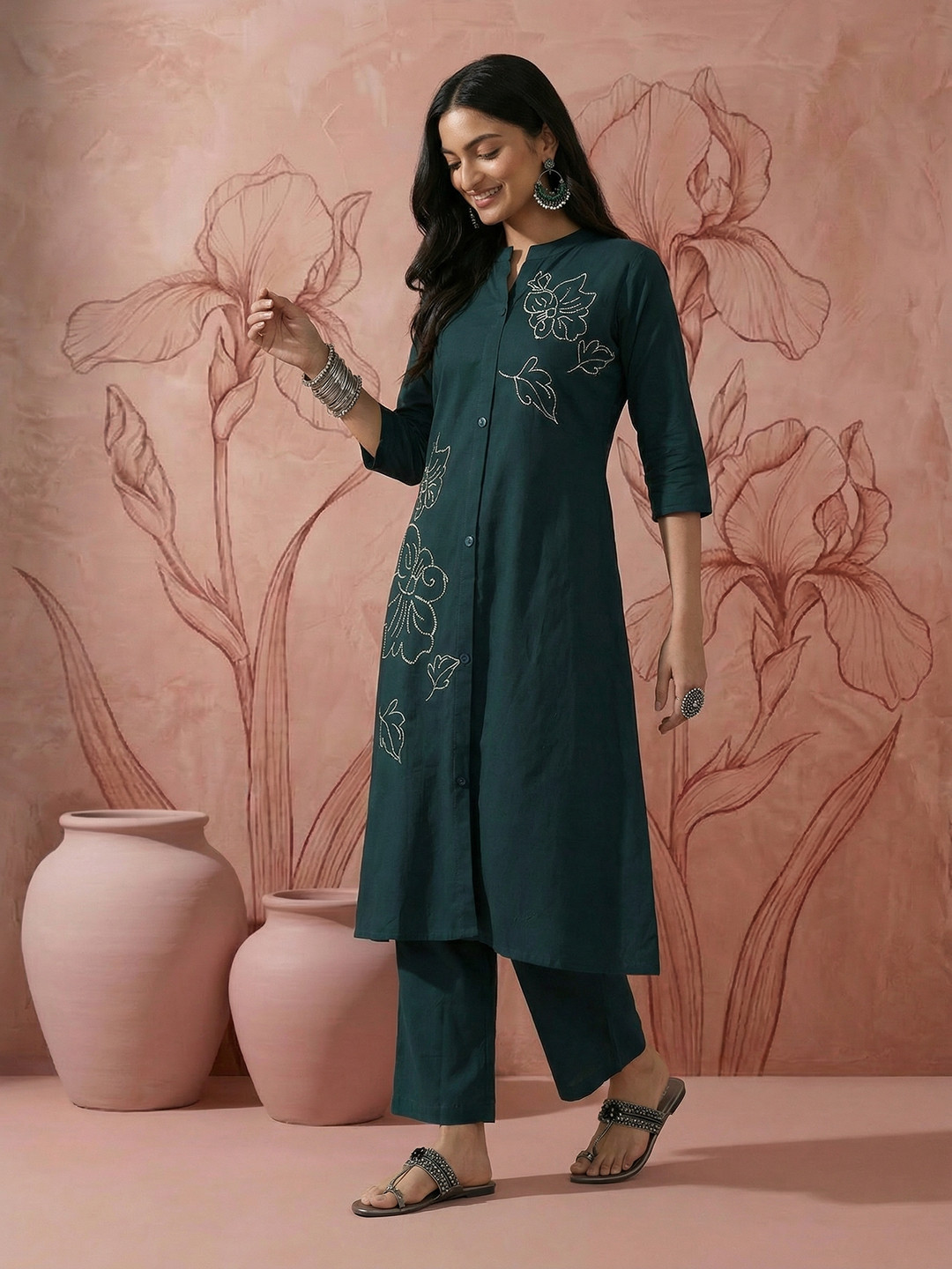 Sangria Floral Embroidered Regular Pure Cotton Kurta with Trouser