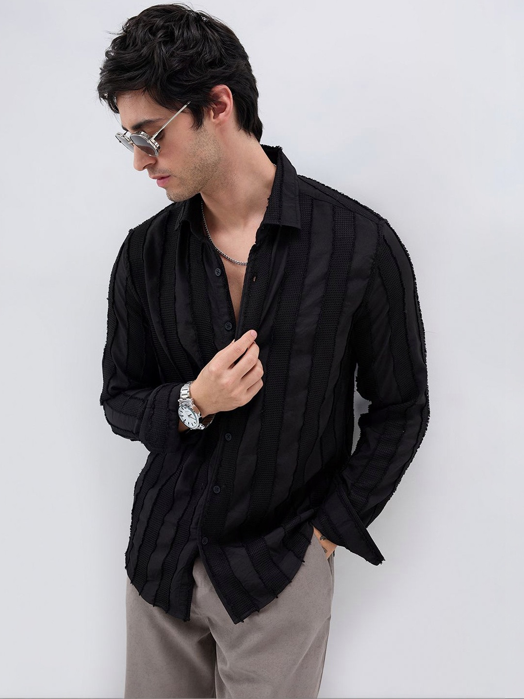 VASTRADO Jet Black Frayed Panelled Waffle Textured Shirt