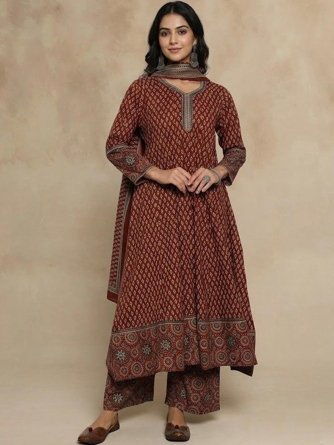 GULMEHAK Ethnic Motifs Printed Mirror Work Pure Cotton Kurta with Palazzos & With Dupatta