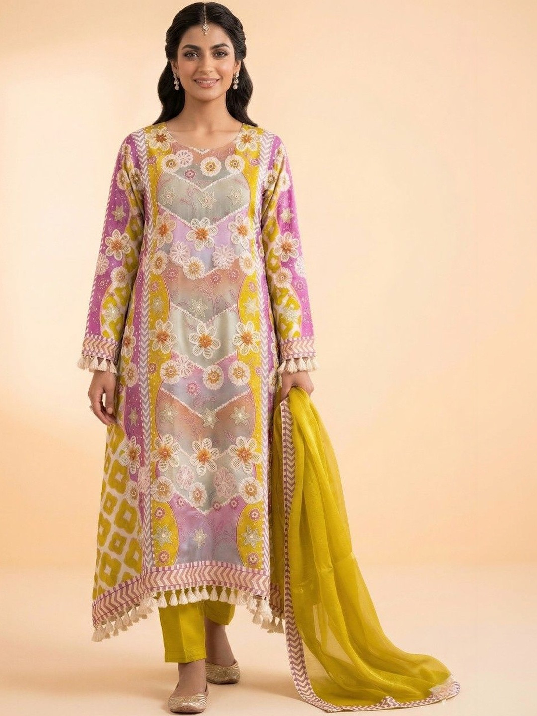 Kalacave Floral Printed Regular Thread Work Silk Crepe Kurta with Trousers & With Dupatta