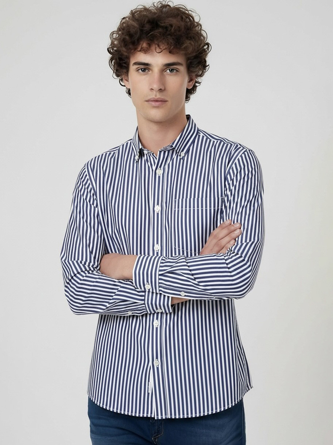 Navy Blue Vertical Stripes Regular Fit Casual Shirt