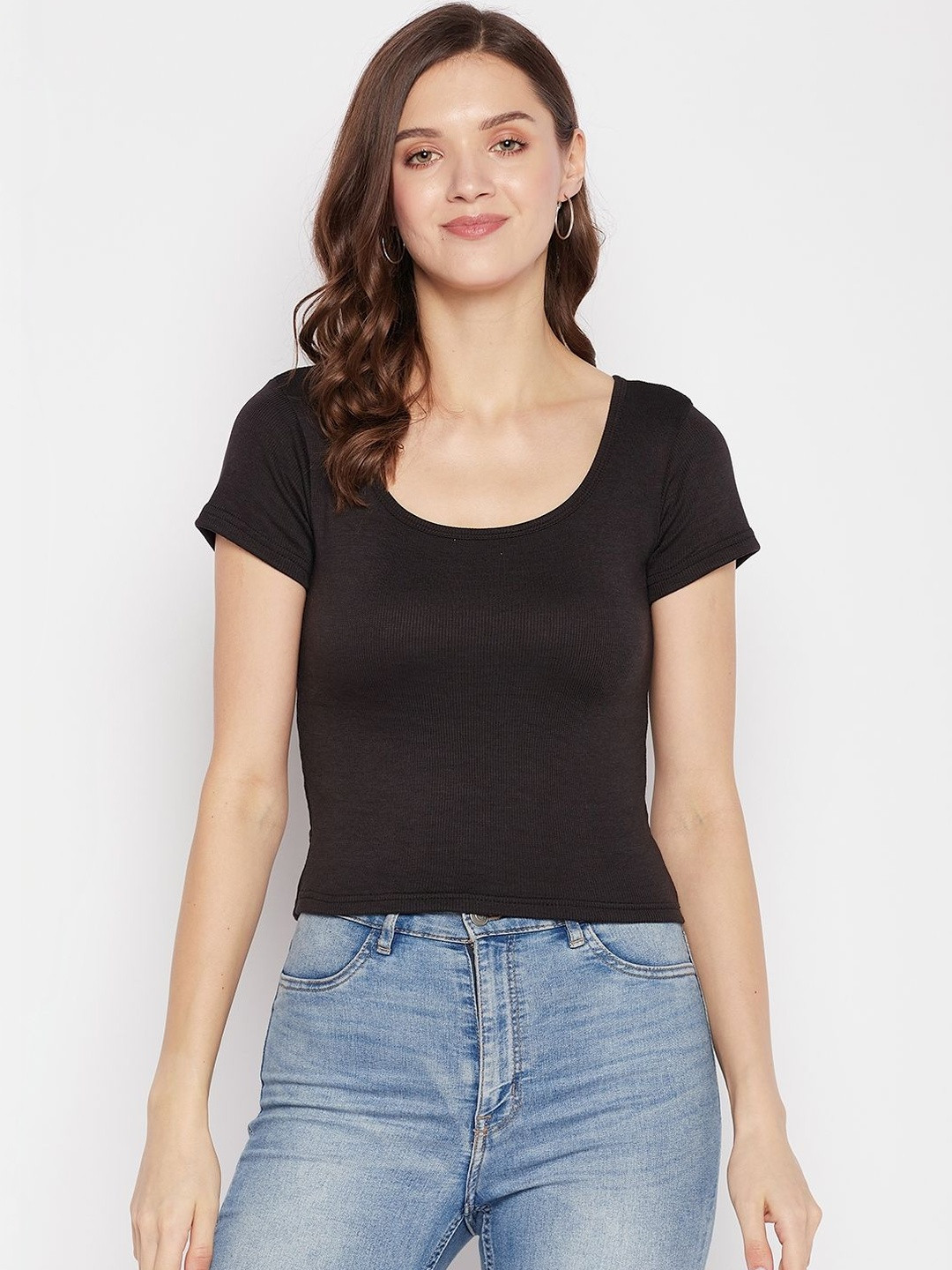 Clora Creation Solid Ribbed Half Sleeve Crop Top