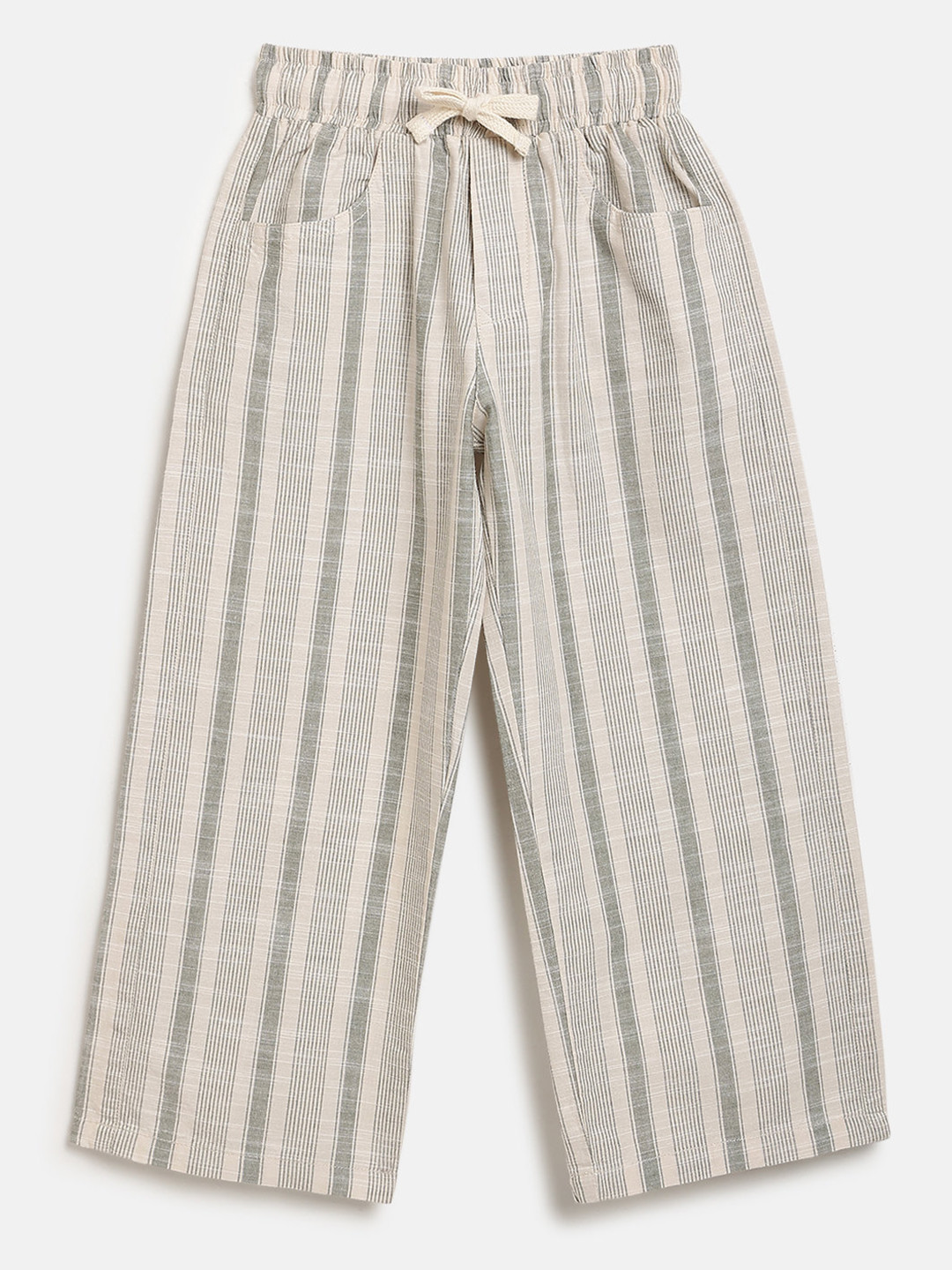 Peach Boys Olive Striped Pure Cotton Relaxed Fit Trousers