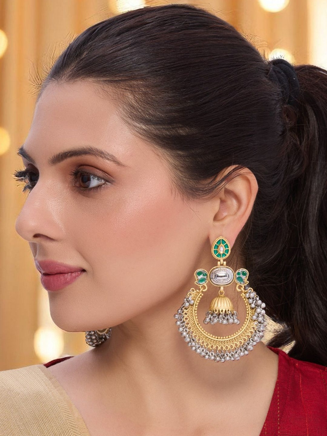 OOMPH Green Ghungroo Kashmiri Chandbali Earrings