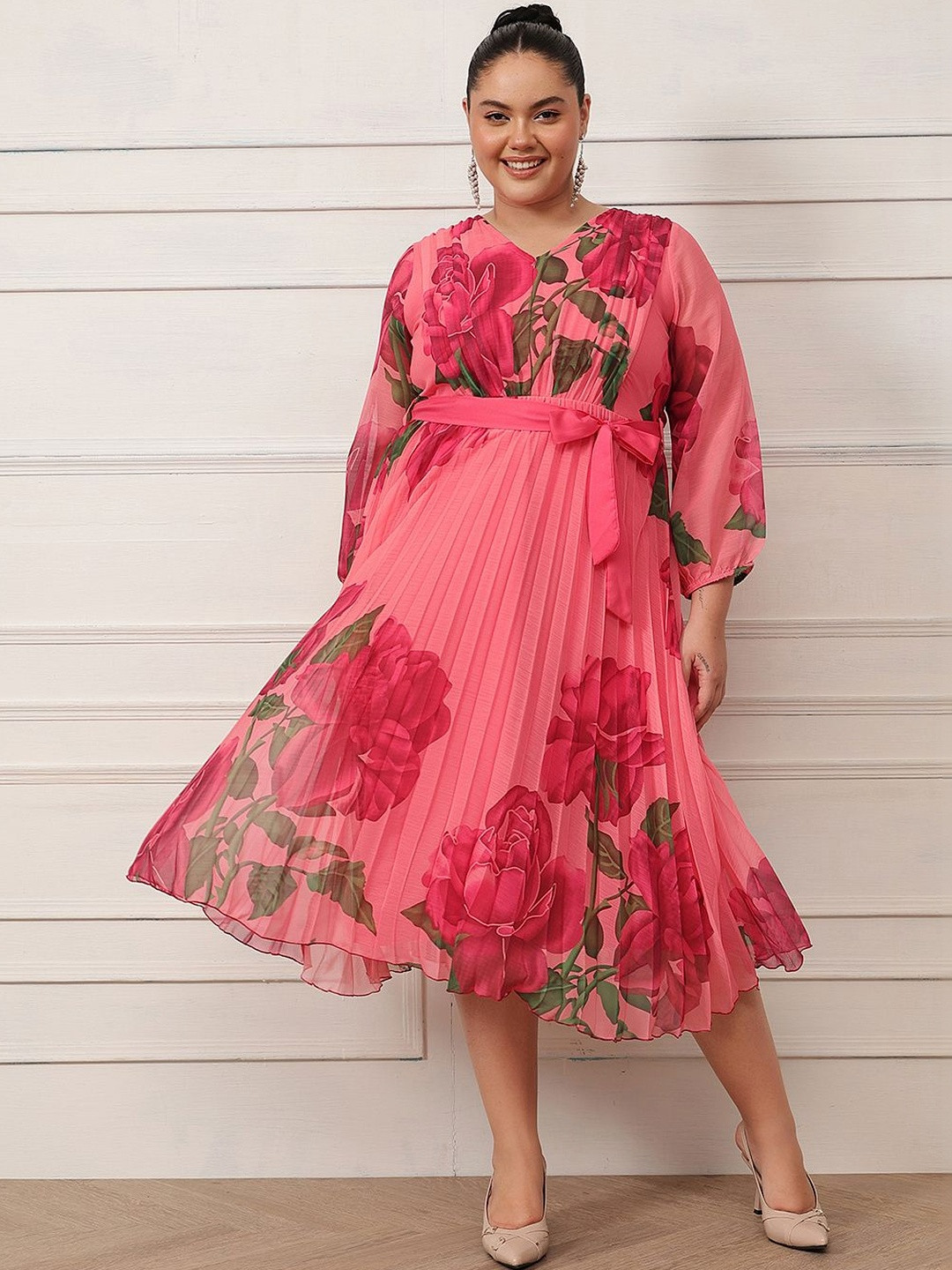 Antheaa Curve Floral Print Pleated Chiffon Fit & Flare Dress