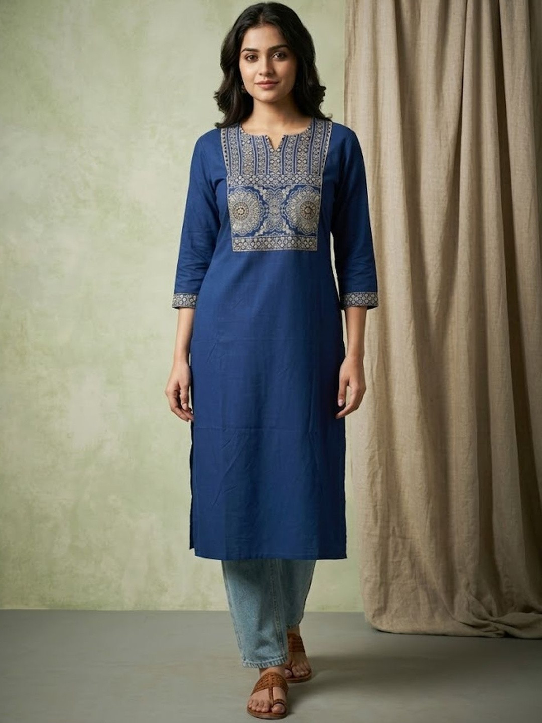 Sangria Round Neck Calf Length Straight Kurta