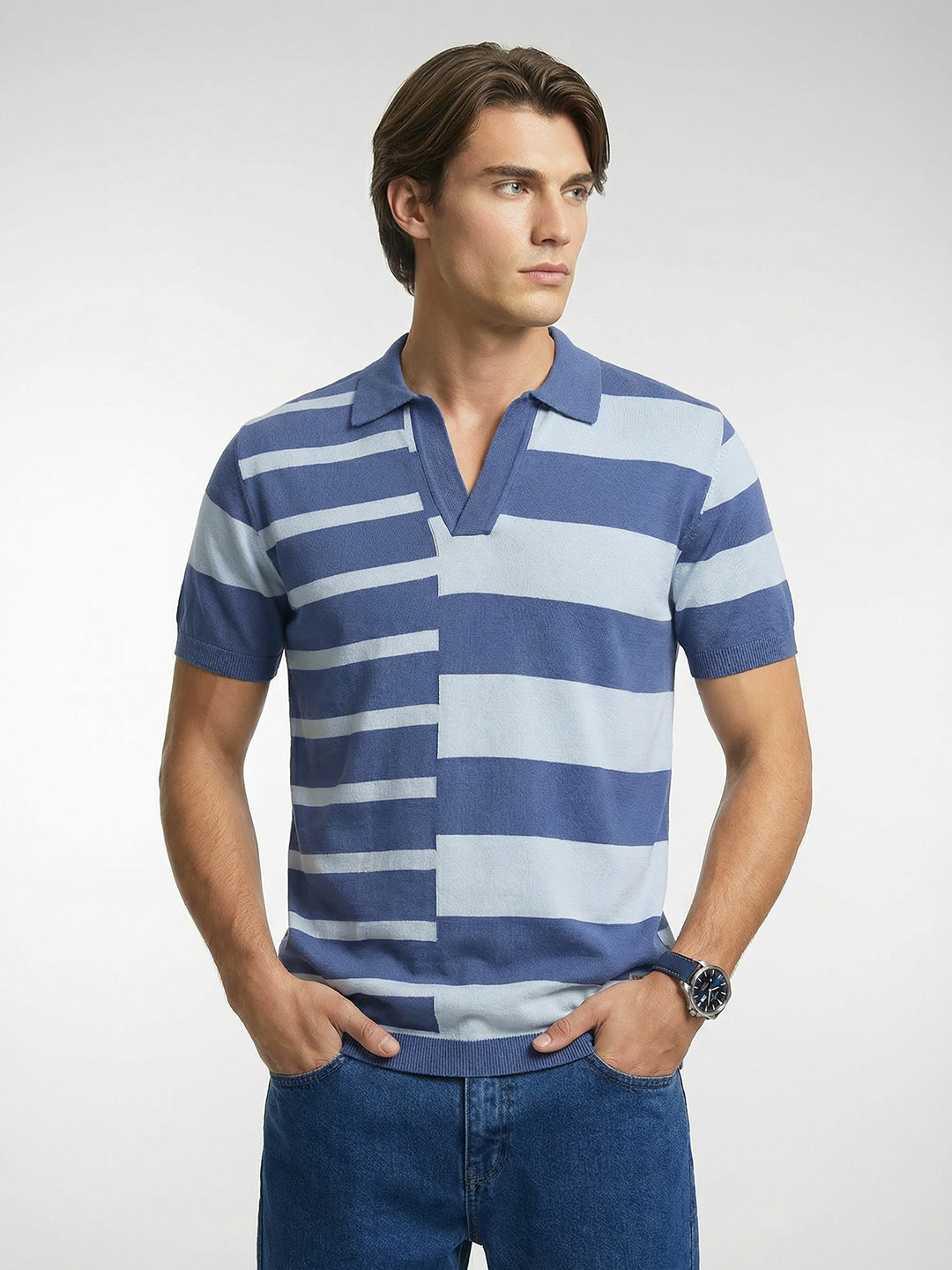 French Connection Striped Pure Cotton Polo Collar T-shirt