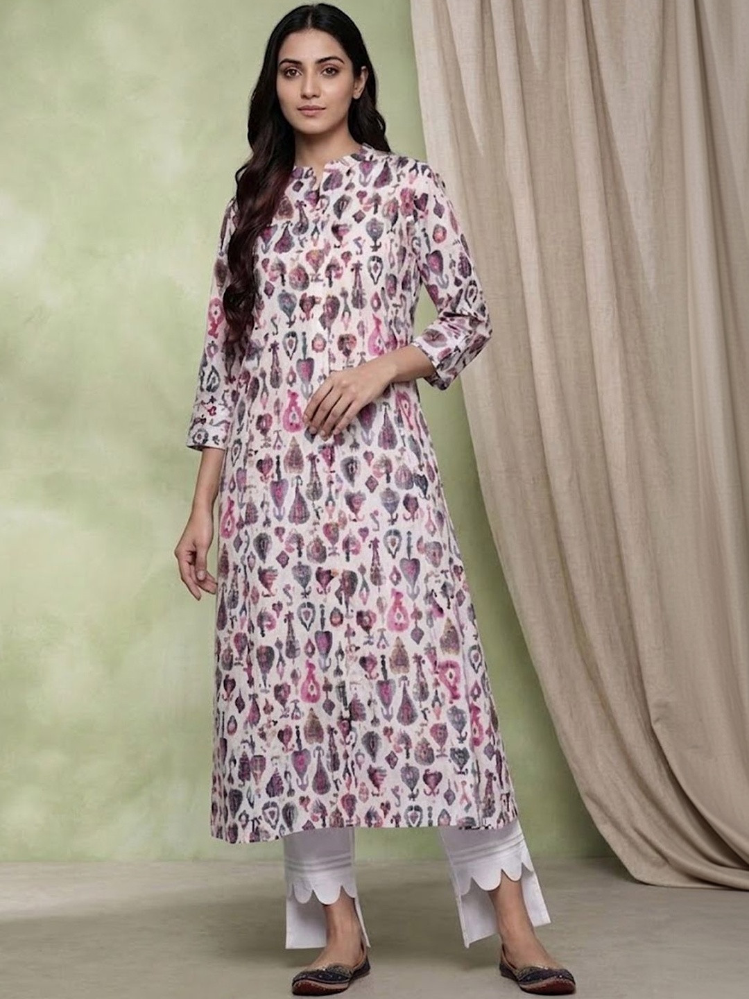 Sangria Printed Cotton Mandarin Collar Calf Length A-Line Kurta