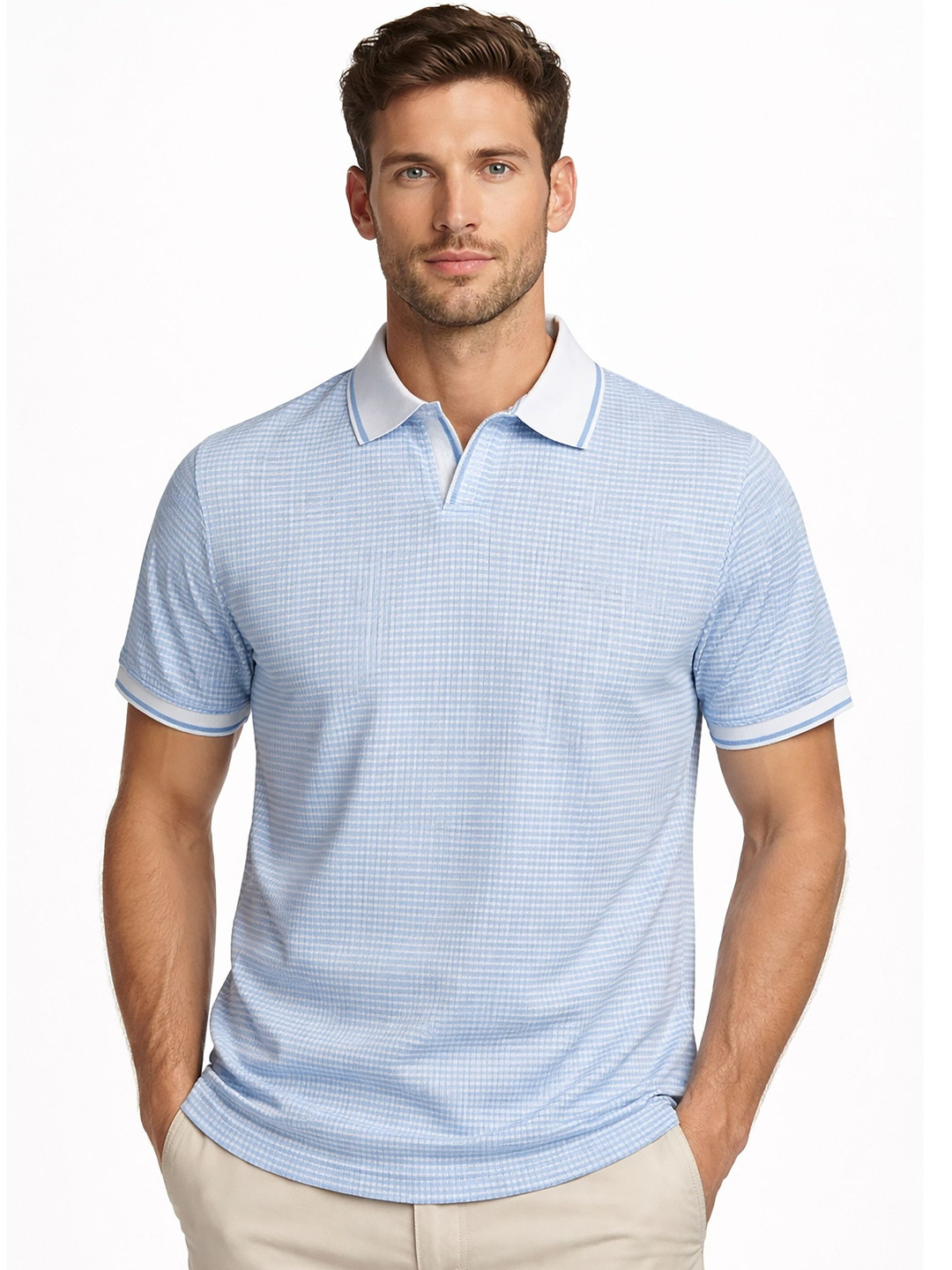 ATIGIANO Men Blue Checked Polo Collar T-shirt