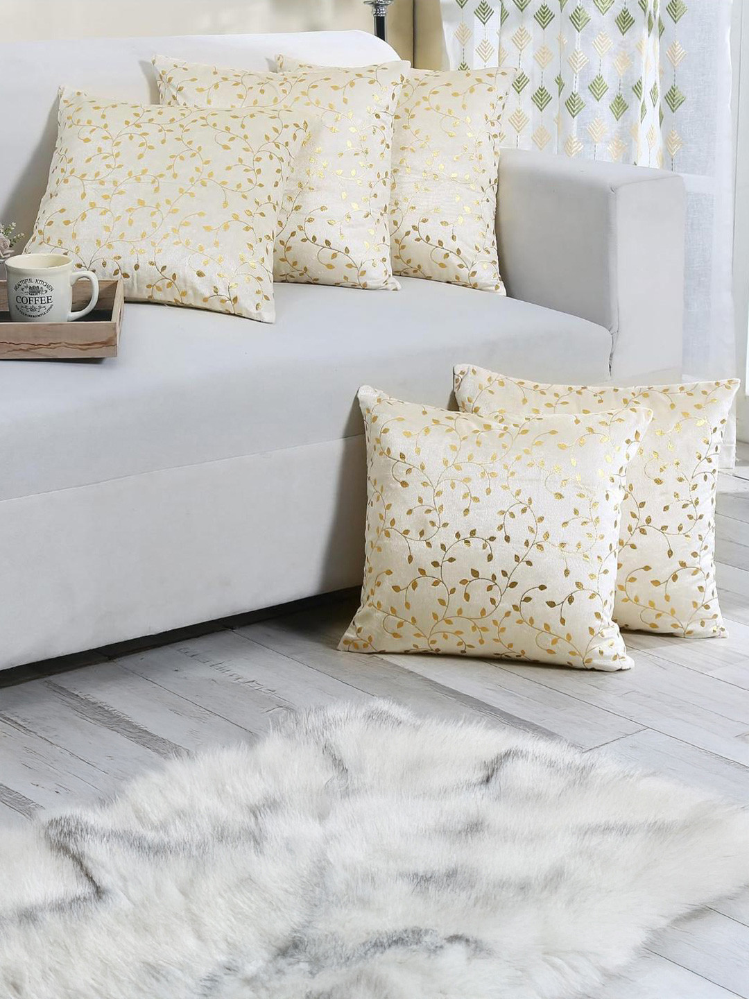 RD TREND Cream-Coloured & Gold-Toned Set of 5 Velvet Square Cushion Covers