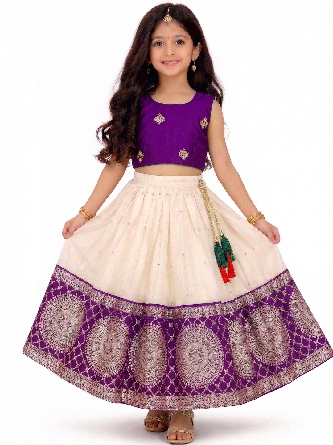 MAMERU Girls Embellished Block Print Semi-Stitched Lehenga &