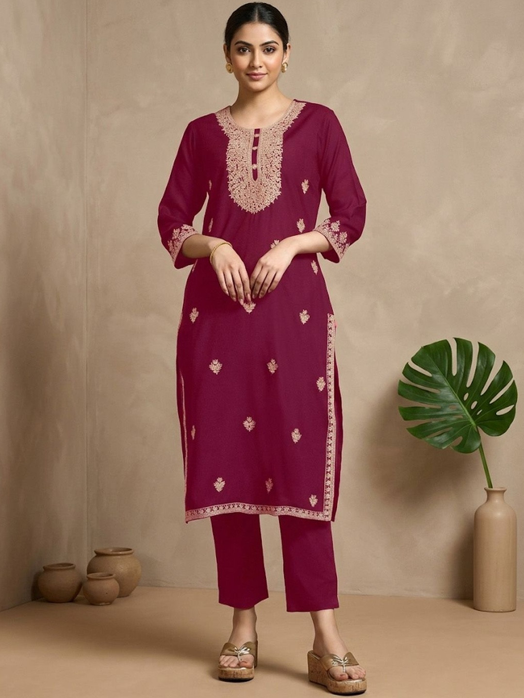 Sangria Woven Design Cotton Round Neck Calf Length Straight Kurtas