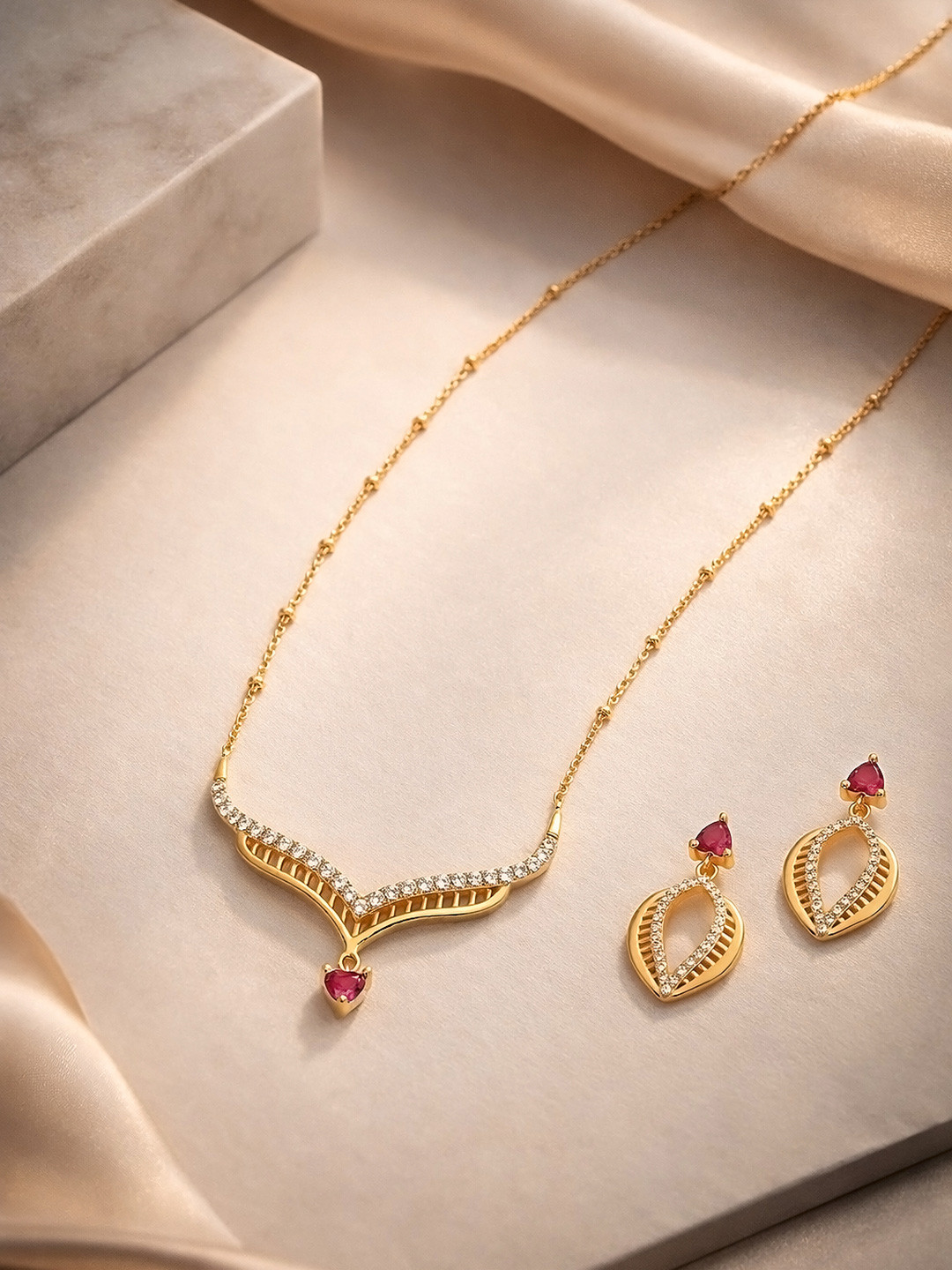 Carlton London 18k Gold-Plated CZ & Red Stone Teardrop Necklace & Earrings Set