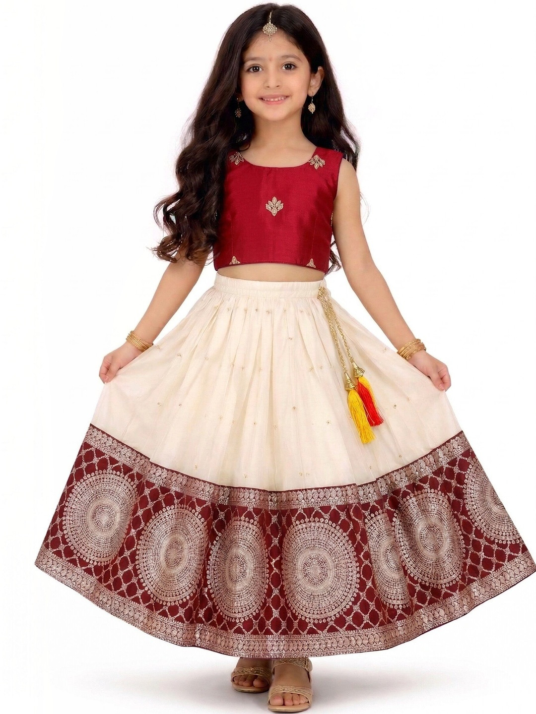 MAMERU Girls Embroidered Ready to Wear Lehenga &