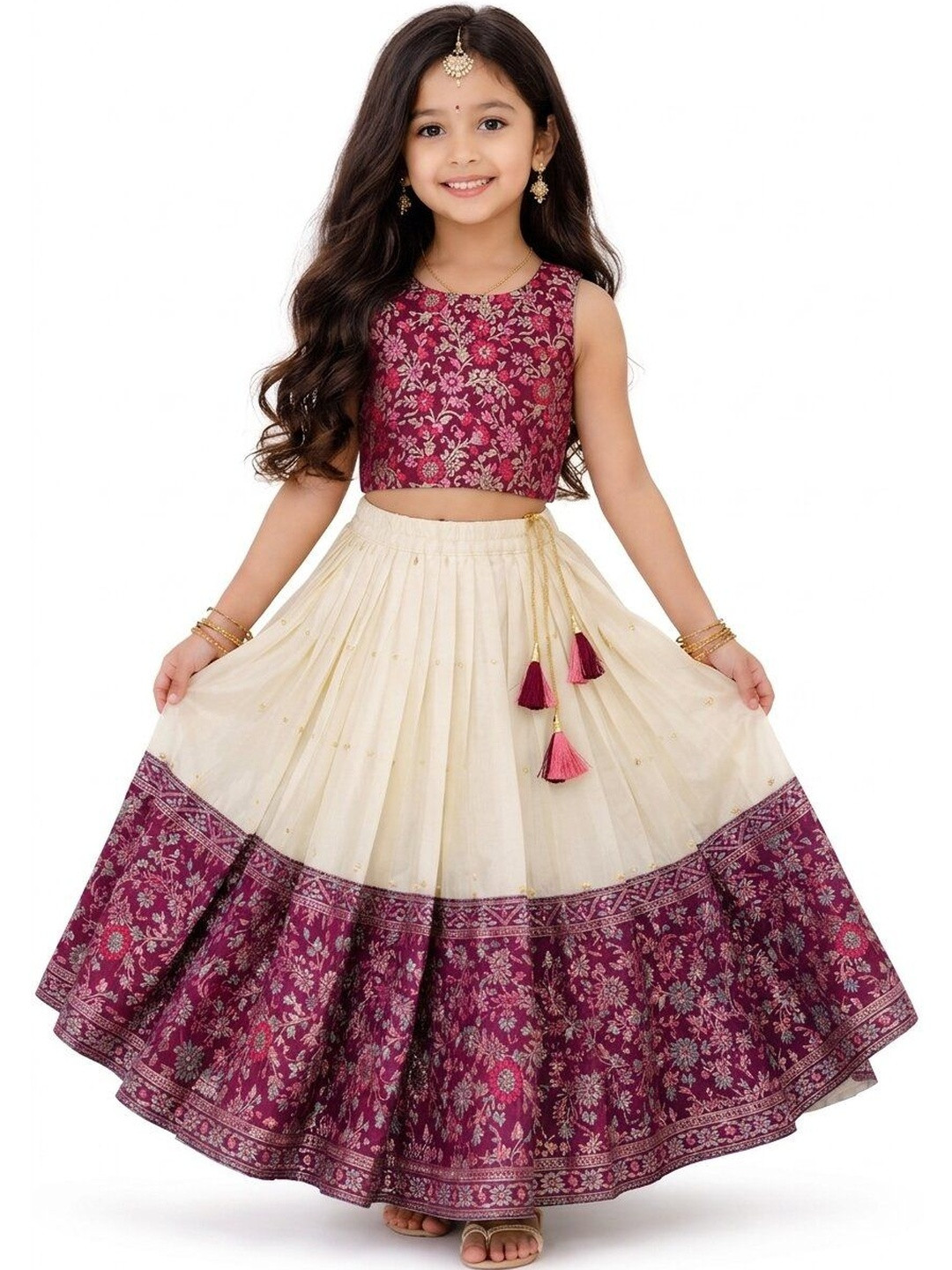 MAMERU Girls Embroidered Block Print Ready to Wear Lehenga &