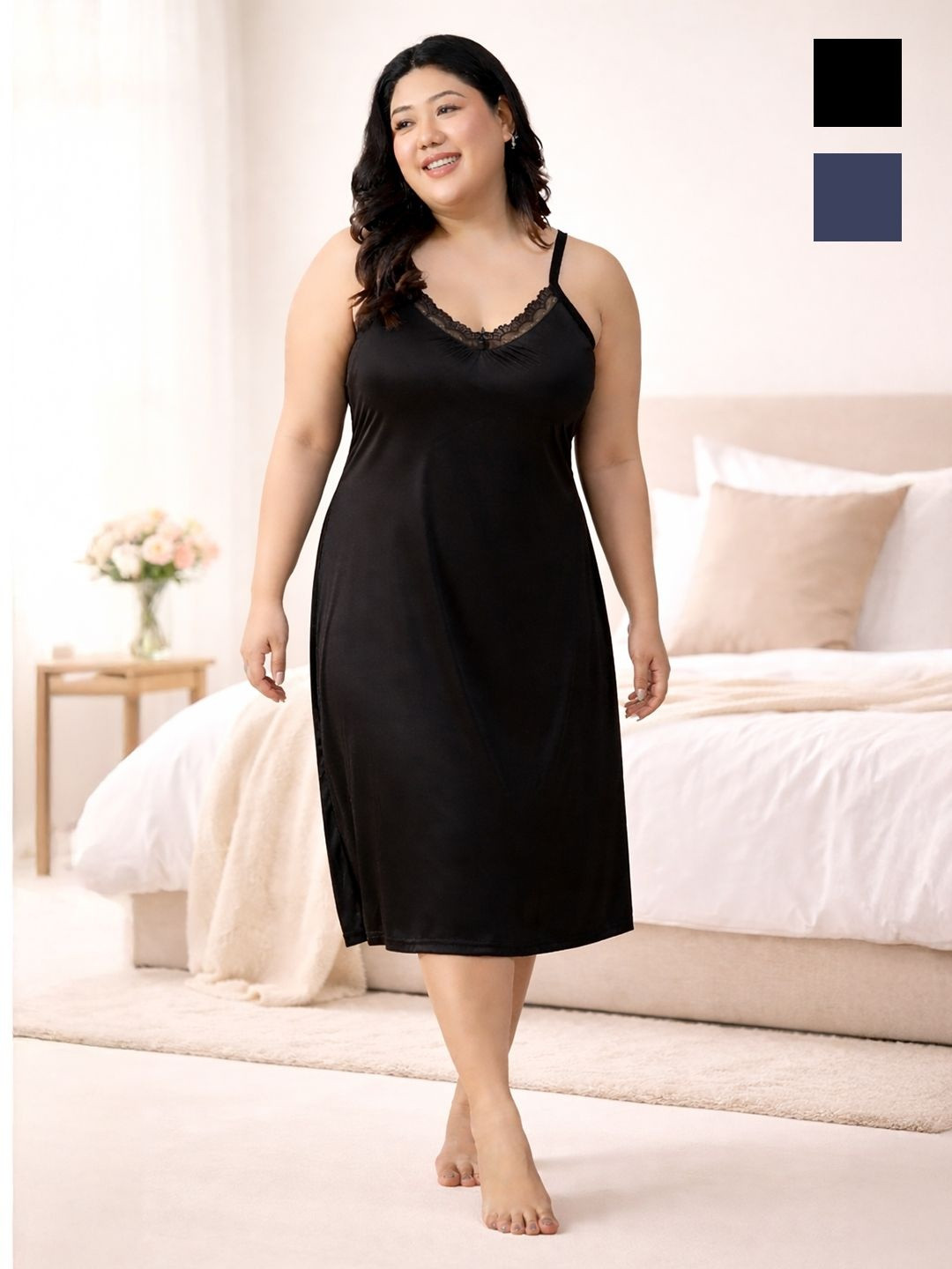 CLOCHOICE Women Pack Of 2 Plus Size A-Line Lace V-Neck Nightdress
