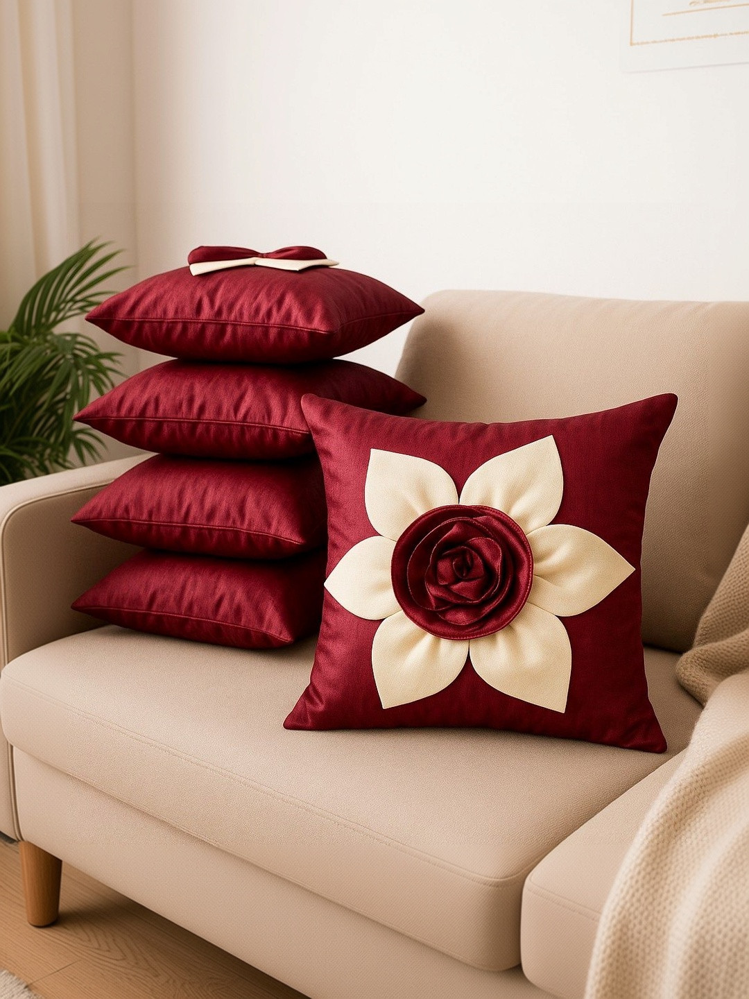 LOFEY Maroon Set of 5 Floral Square Cushion Covers