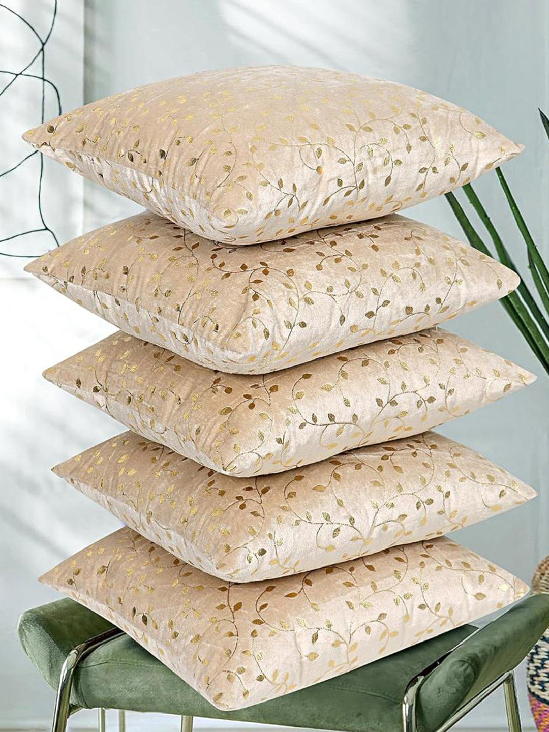 RD TREND Cream&Gold Velvet 5 Pieces Square Cushion Covers-18 inch x 18 inch