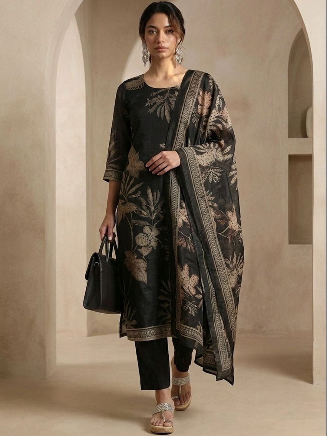 Varanga Women Floral Printed Regular Chanderi Silk Kurta with Trousers & With Dupatta
