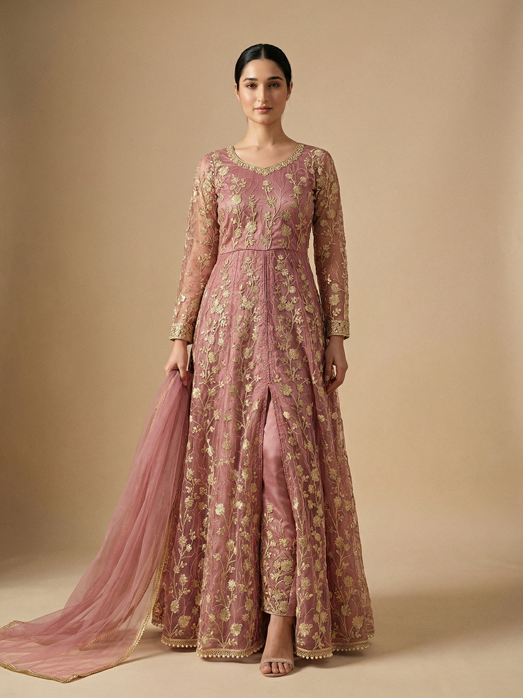 RUDRAPRAYAG Embroidered Net Semi Stitched Kurta With Trousers & Dupatta Kurta Set