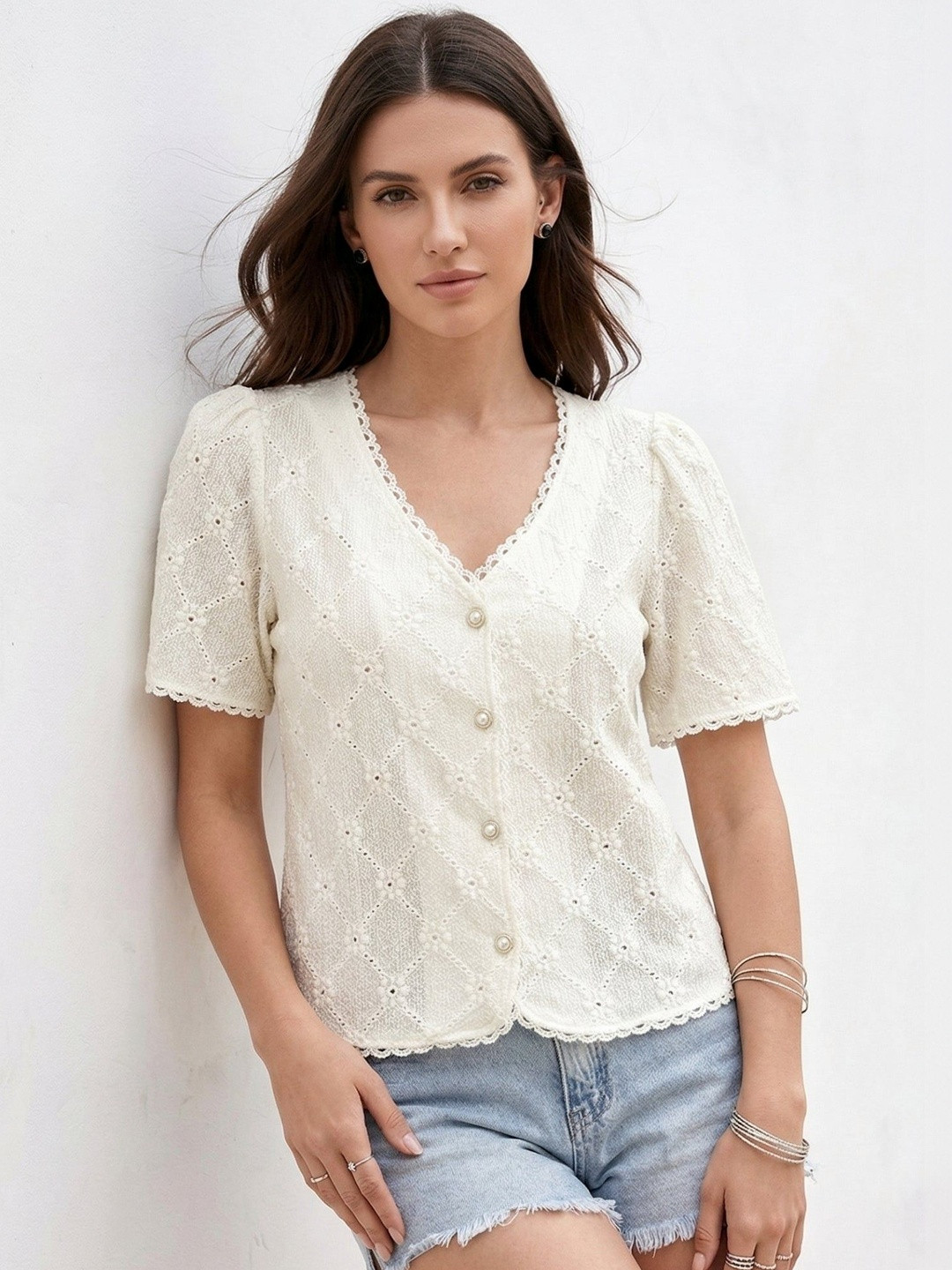 Outzidr Puff Sleeve Ruffles Top