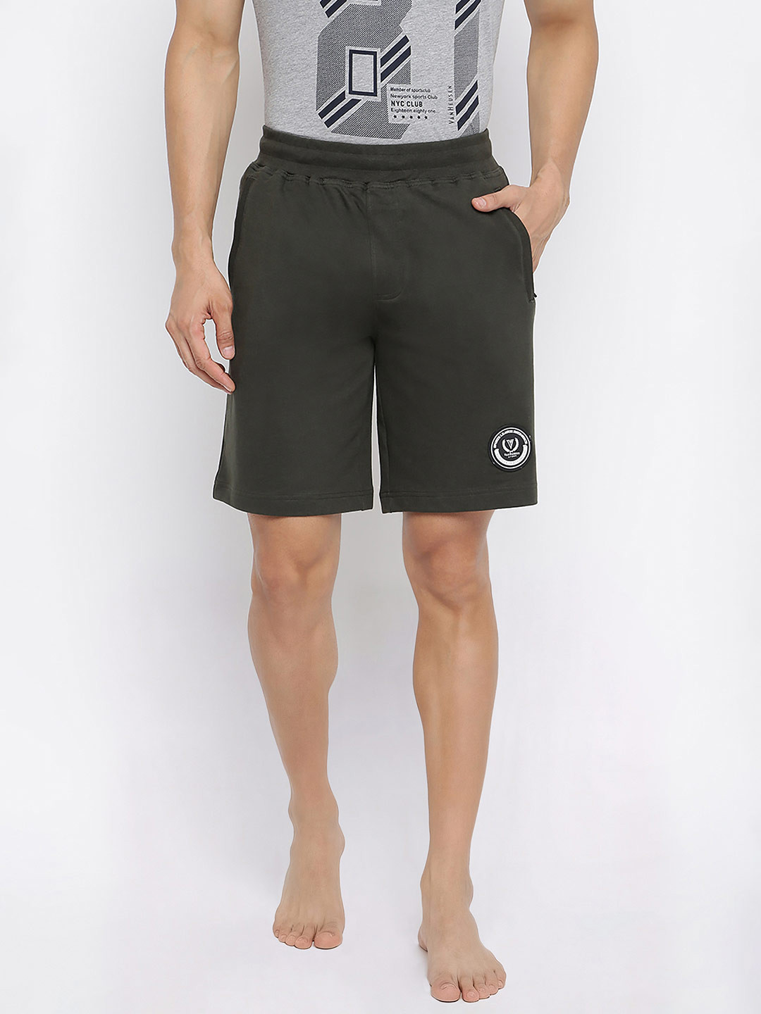 Van Heusen Innerwear Men Green Solid Smart Tech Easy Stain Release Knit Lounge Shorts