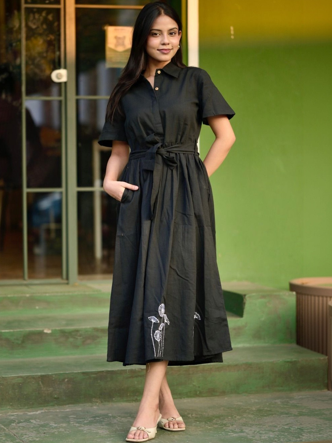 Vastara the Label Floral Embroidered Shirt Midi Dress