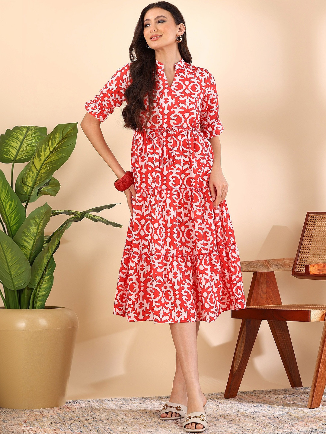 Moda Rapido Printed Mandarin Collar Crepe Fit & Flare Midi Dress