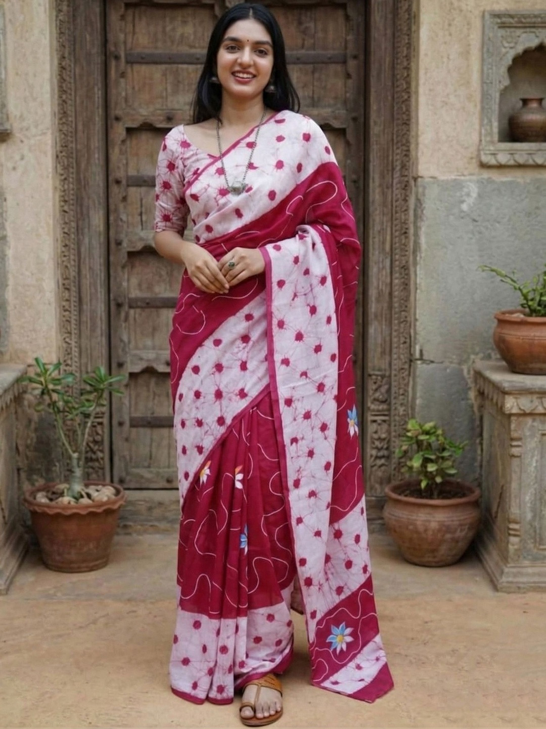 KALINI Women Linen Blend Block Print Saree