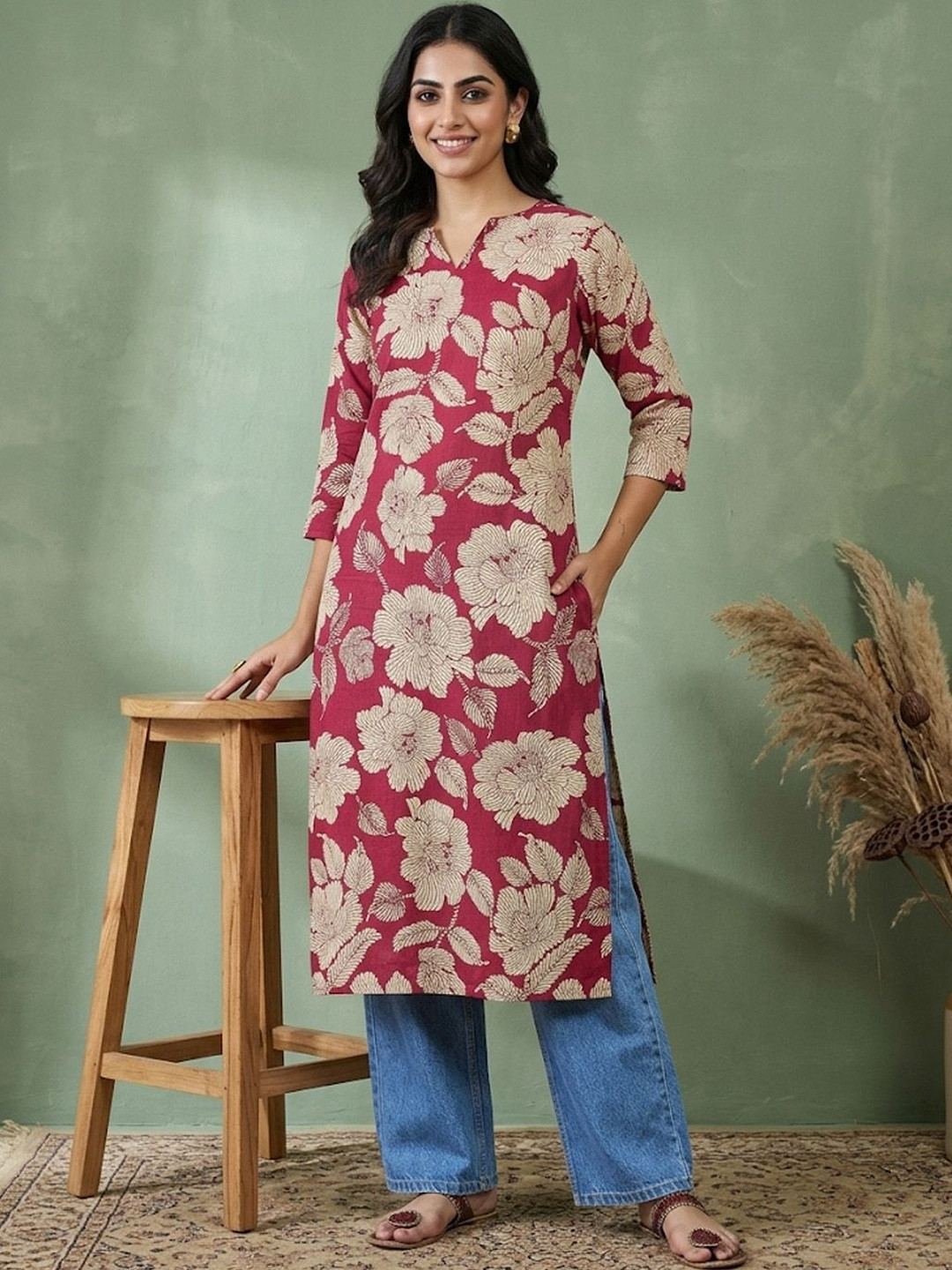 Sangria Printed Cotton V-Neck Calf Length Straight Kurtas