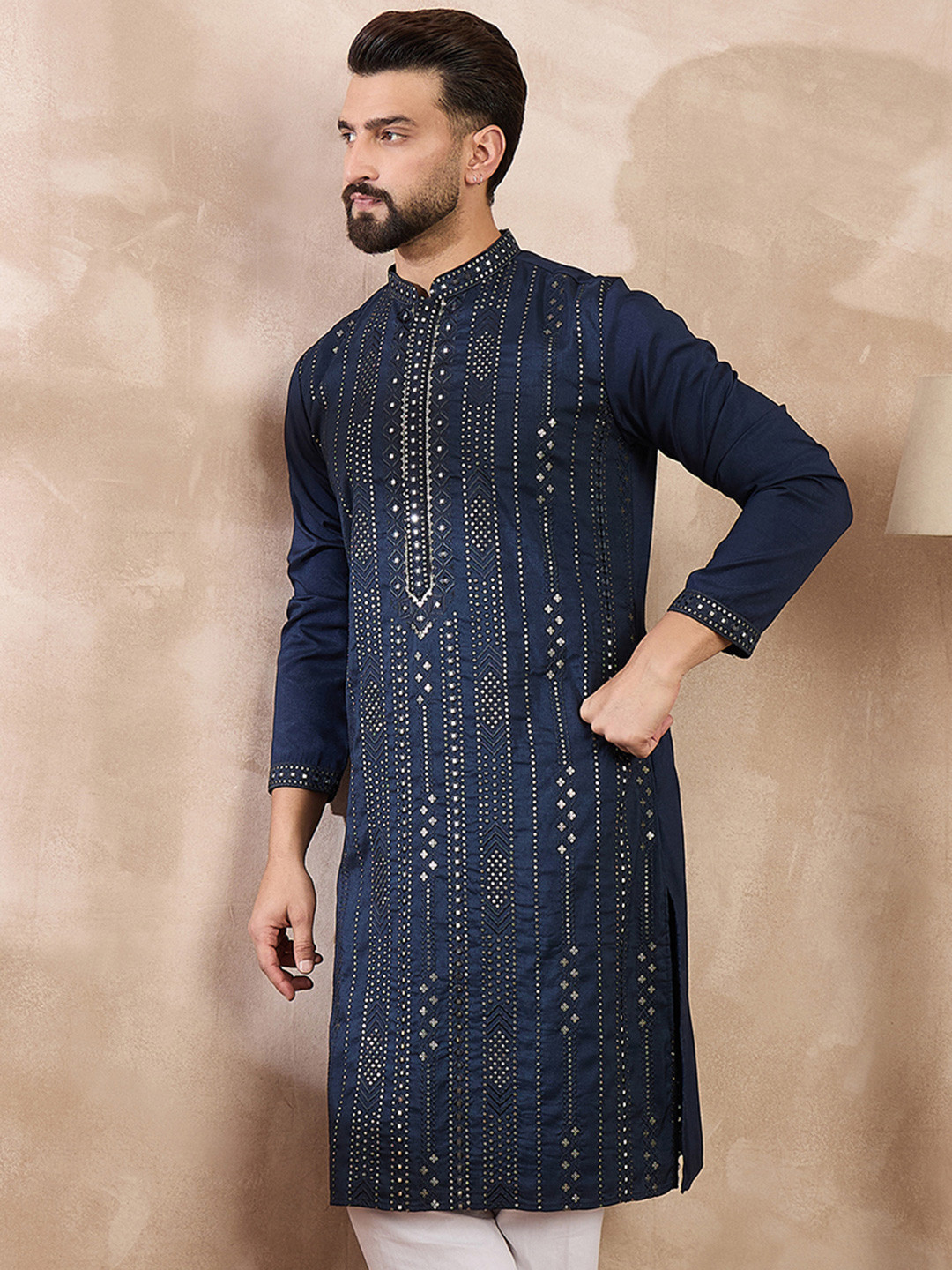 House of Pataudi Embroidered Mandarin Collar Kurta & Trousers Kurta Sets