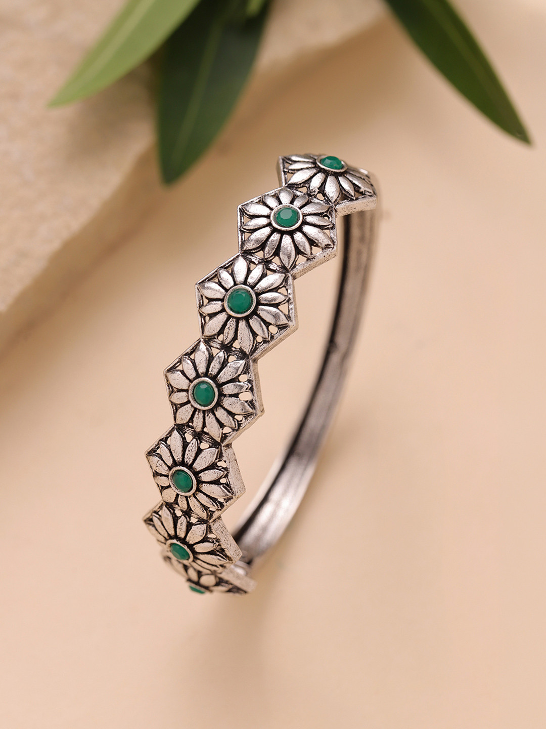Voylla Women Brass Cubic Zirconia Oxidised Silver-Plated Cuff Bracelet