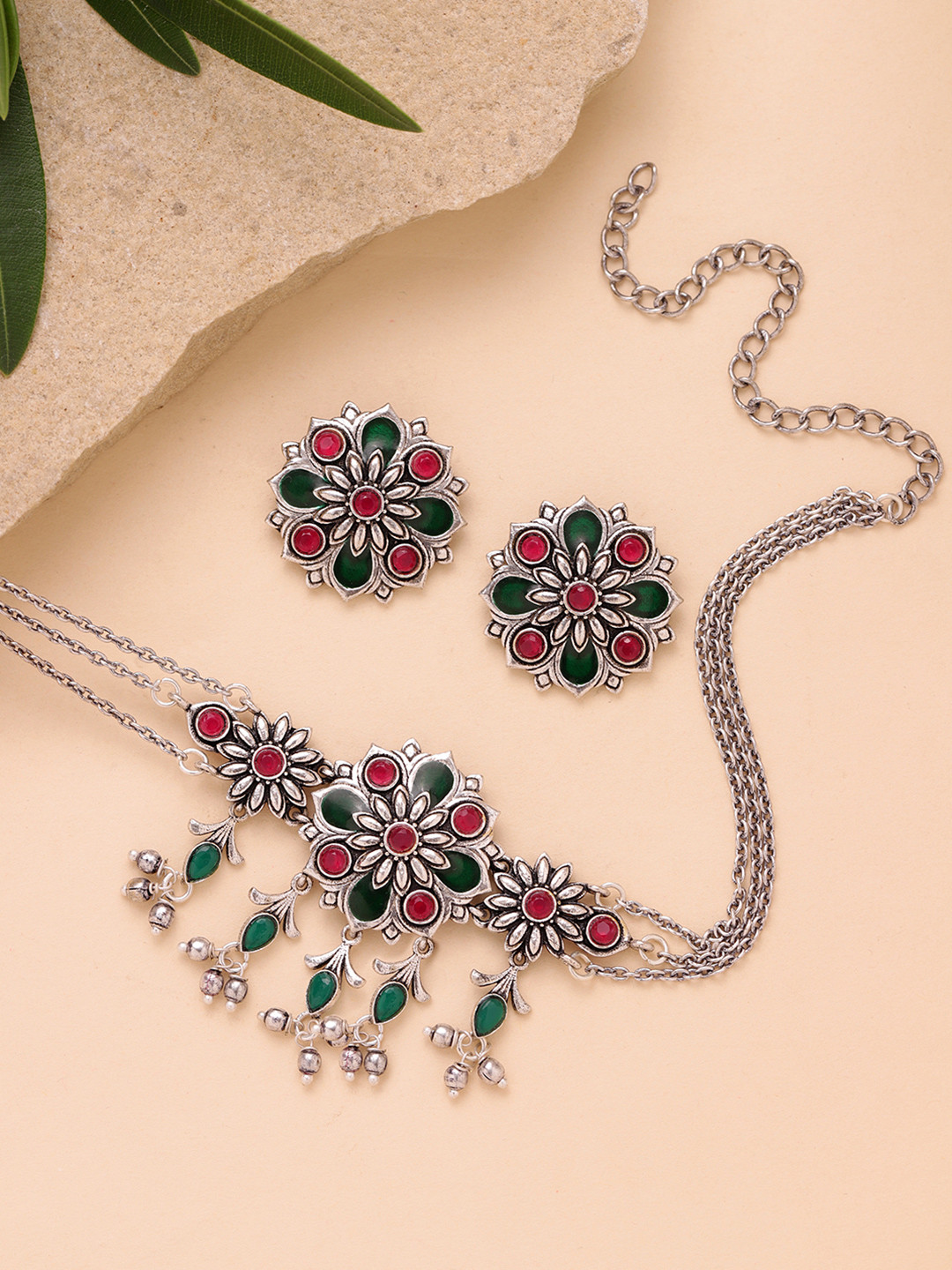 Voylla Silver-Plated Oxidised Cubic Zirconia Necklace and Earrings