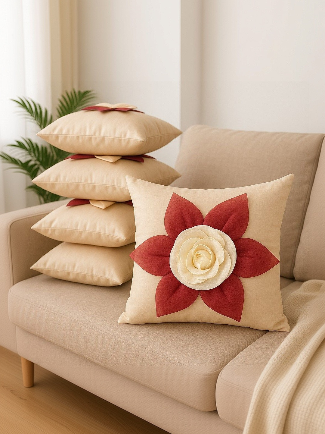 LOFEY Beige Set of 5 Floral Square Cushion Covers