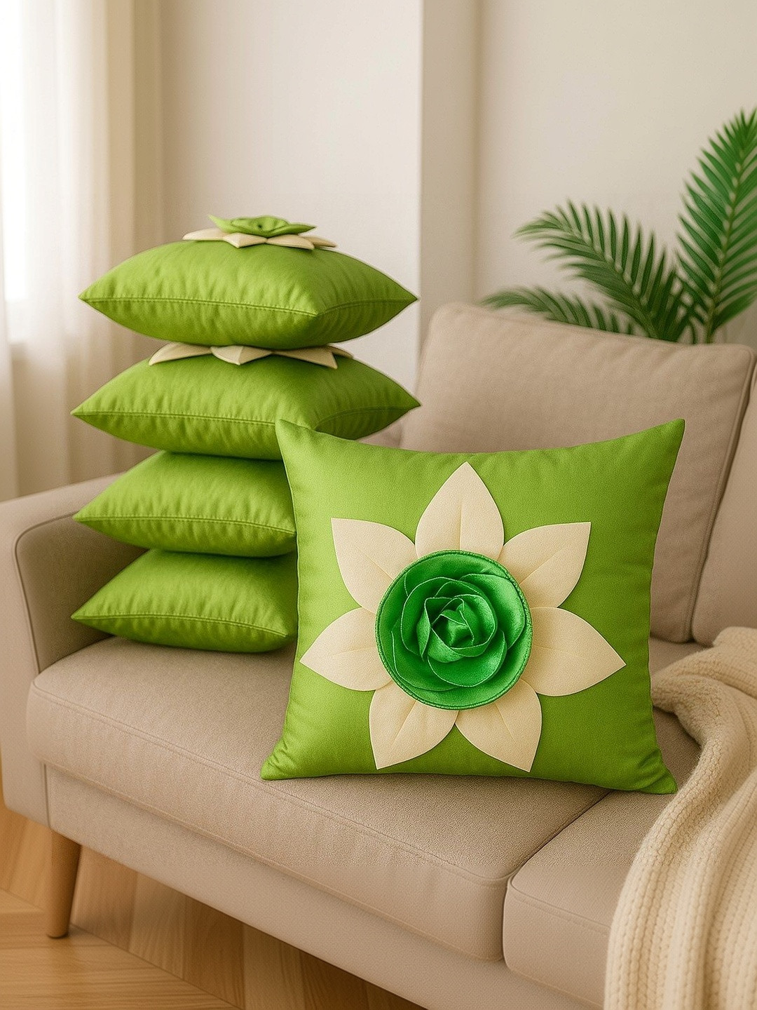 LOFEY Green Set of 5 Floral Square Cushion Covers