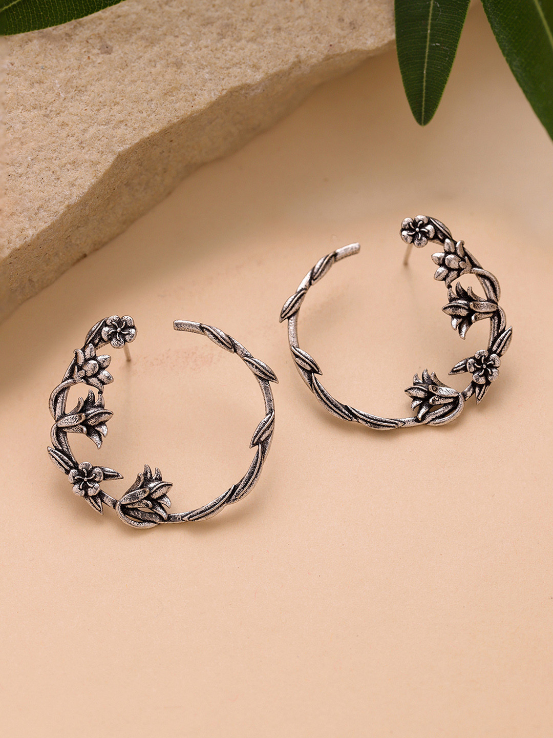 Voylla Floral Hoop Oxidised Earrings