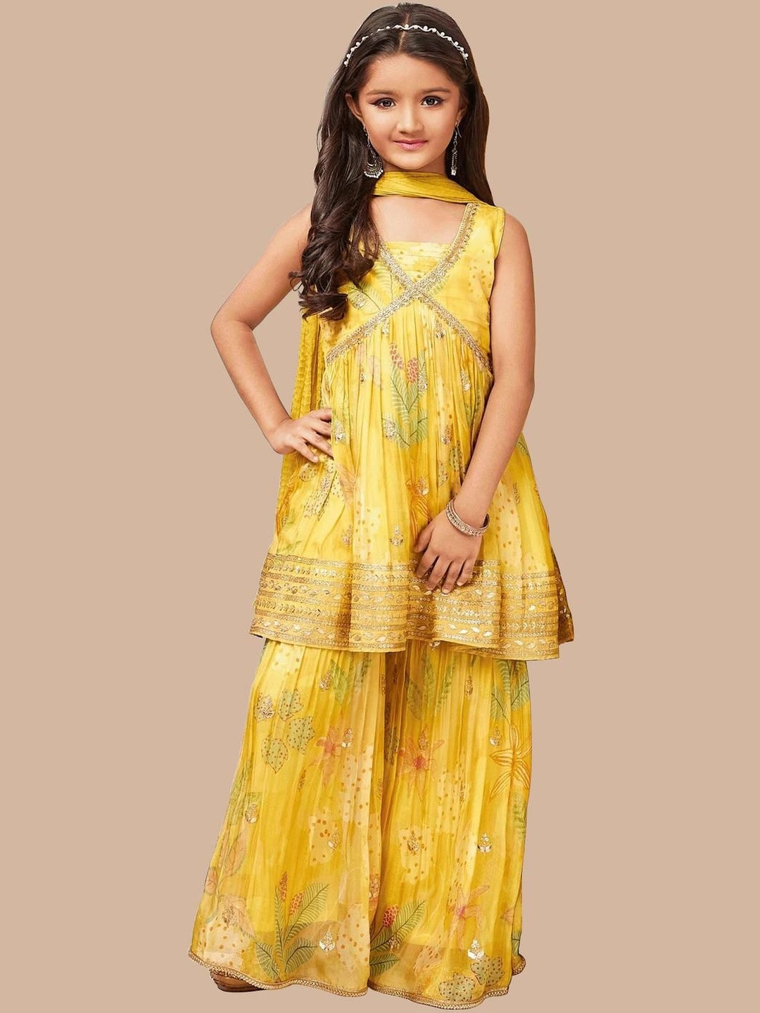 BAESD Girls Floral Printed Tiered Gotta Patti Kurta with Sharara & With Dupatta