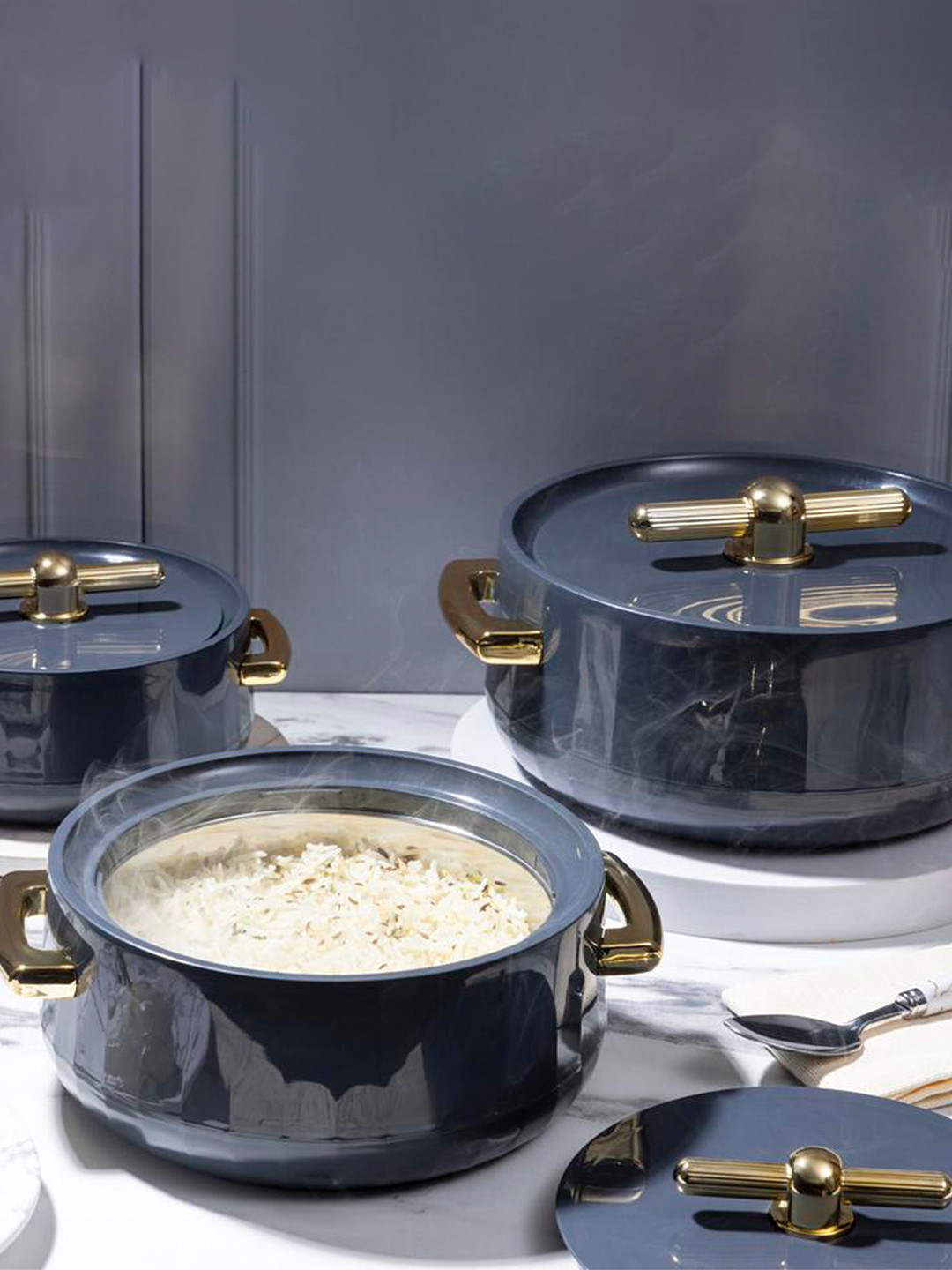 SELVEL Grey 3 Pcs Elegance Royal Inner Steel Casseroles 1700ml, 1200ml & 600ml