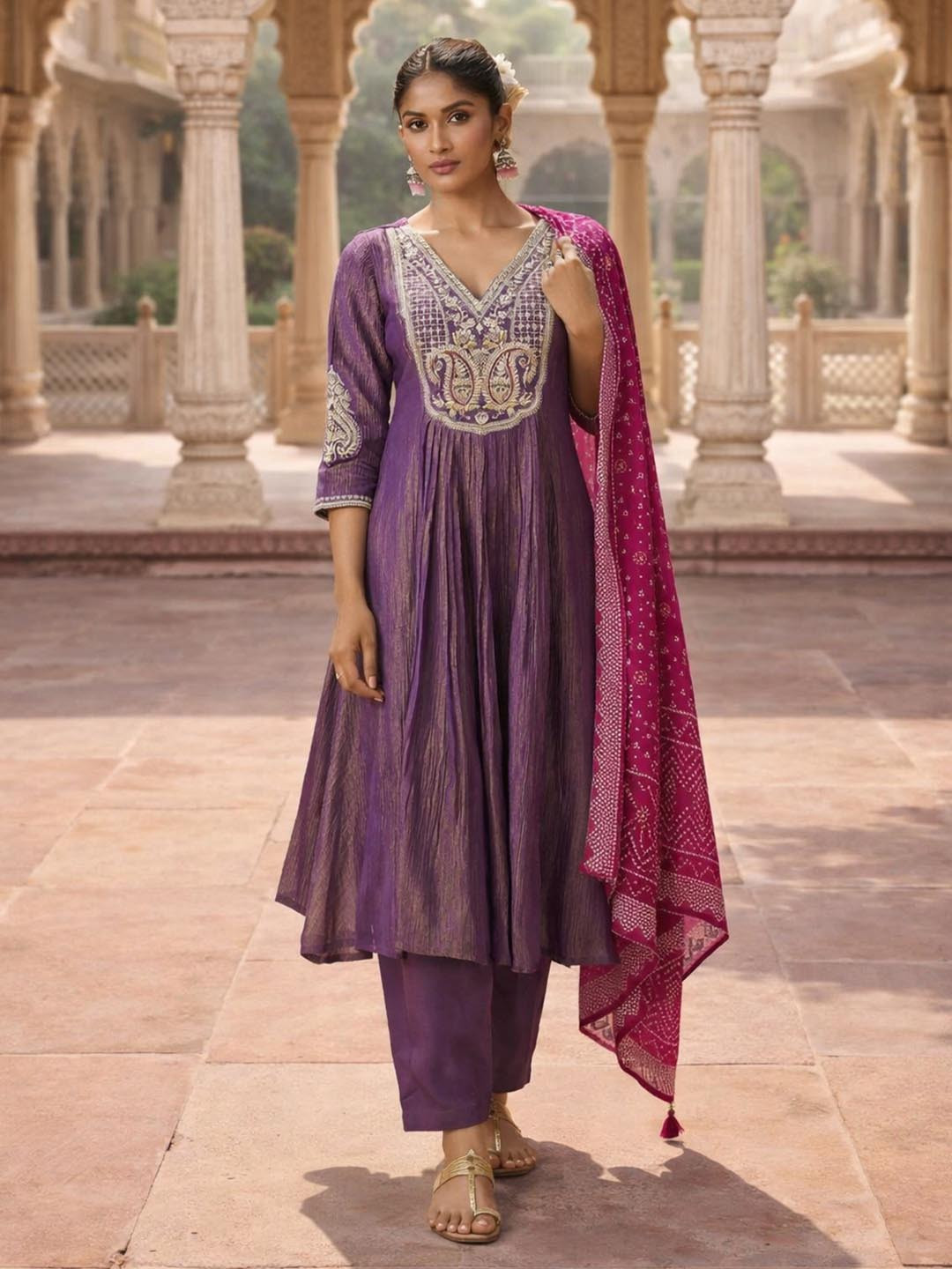 House of Pataudi Embroidered A-Line Kurta & Trousers With Dupatta