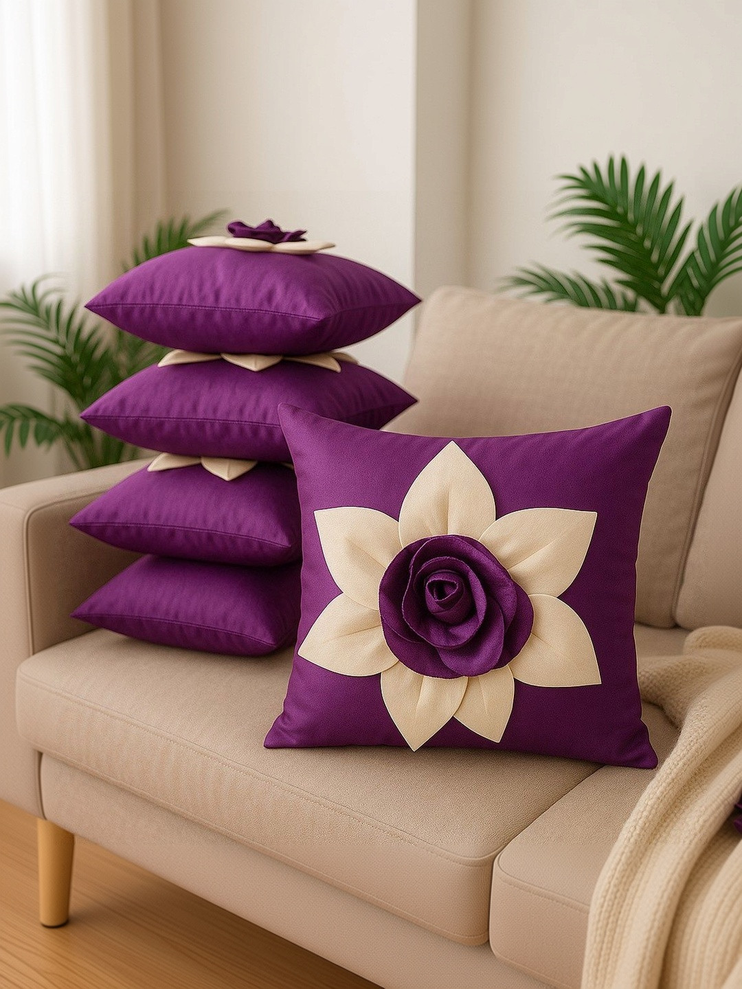 LOFEY Purple Set of 5 Floral Square Cushion Covers
