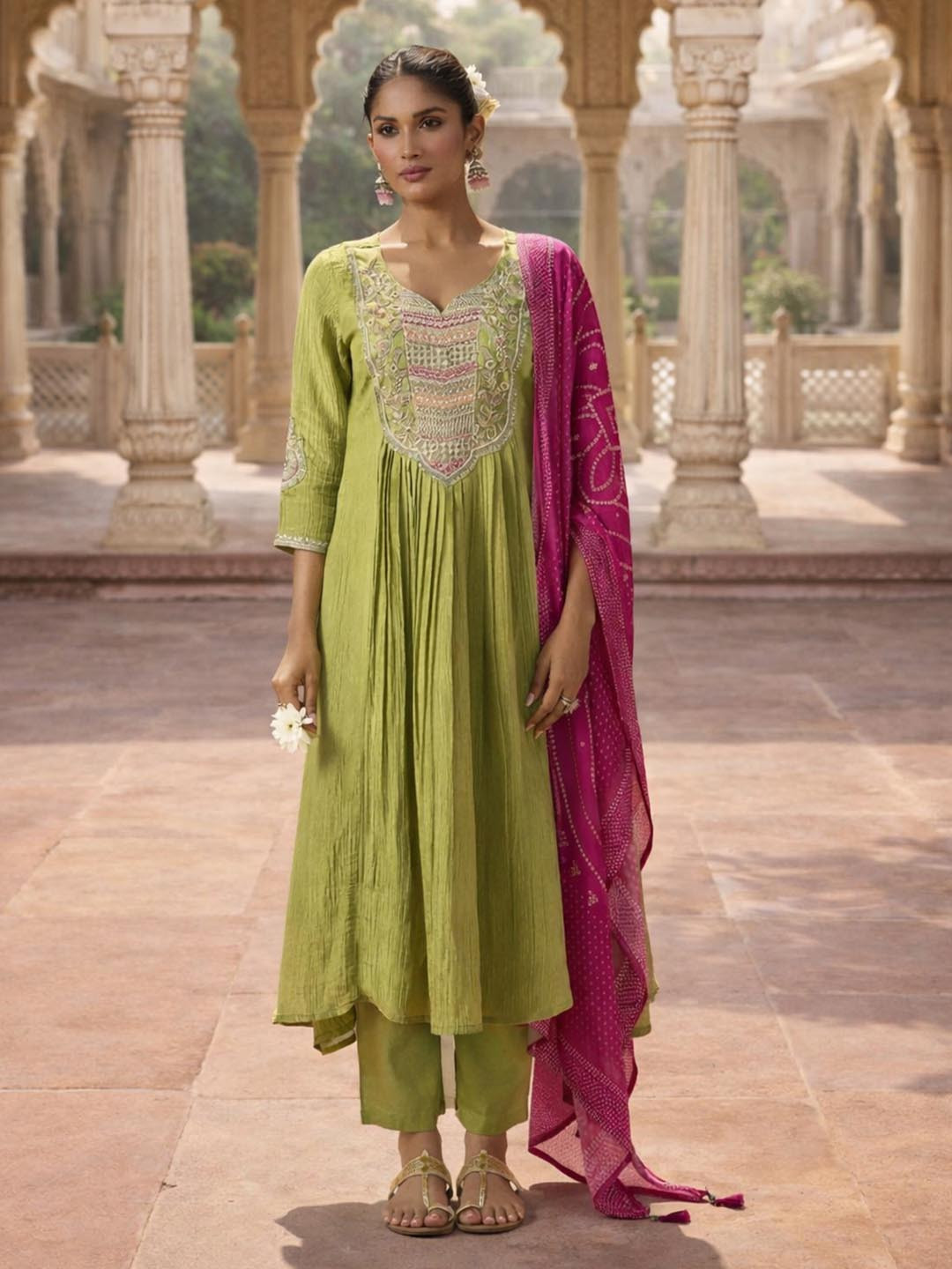 House of Pataudi Embroidered V-Neck Kurta & Trousers With Dupatta