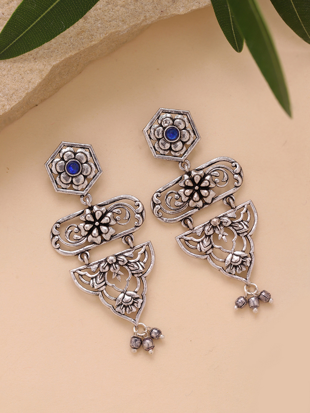 Voylla Floral Drop Oxidised Earrings