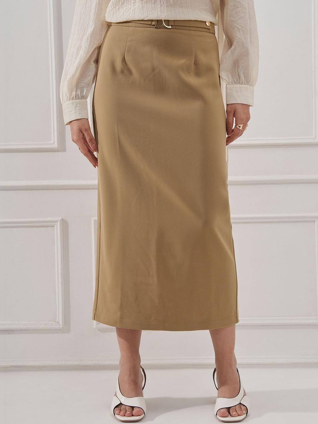 Tokyo Talkies Women Back Slit Midi Straight Skirt