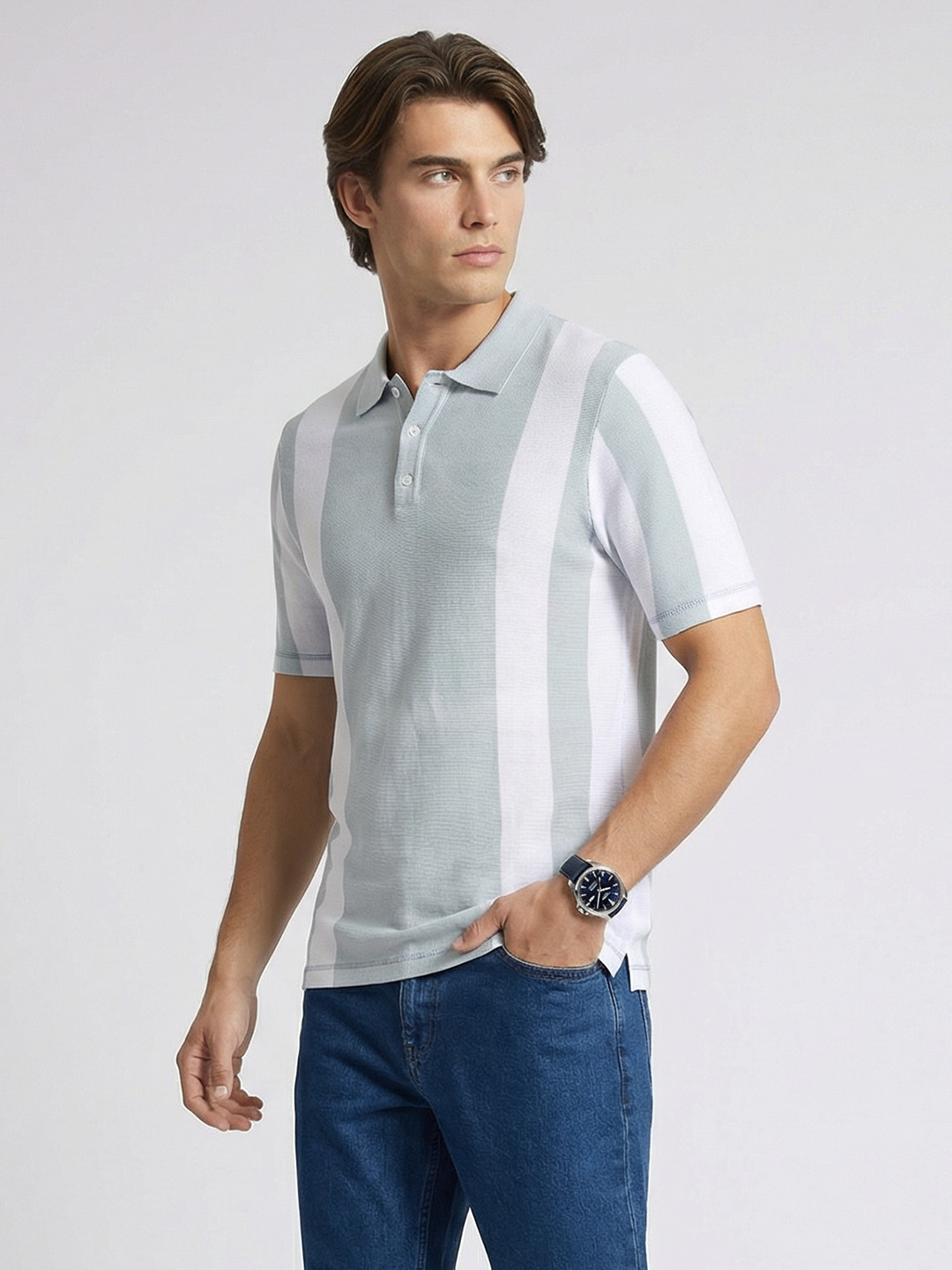 French Connection Striped Polo Collar Pure Cotton T-shirt