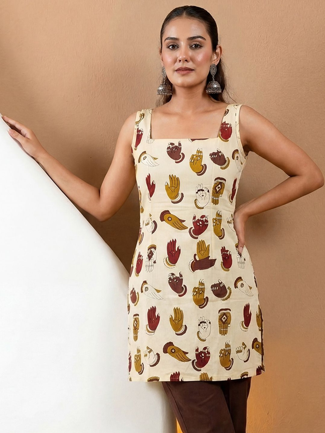 SHINISHA Ethnic Motifs Printed Square Neck Pure Cotton Kurti