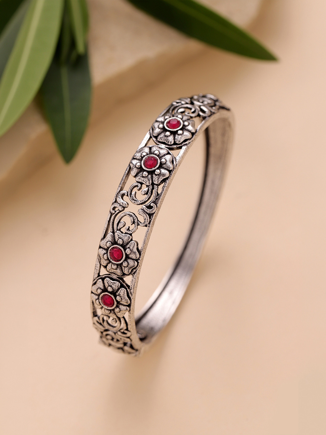 Voylla Women Brass Cubic Zirconia Oxidised Silver-Plated Cuff Bracelet