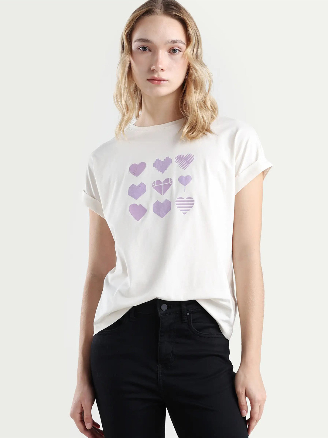 RAREISM Women Off White Graphic Print Regular Fit Half Sleeve Crew Neck T-Shirt