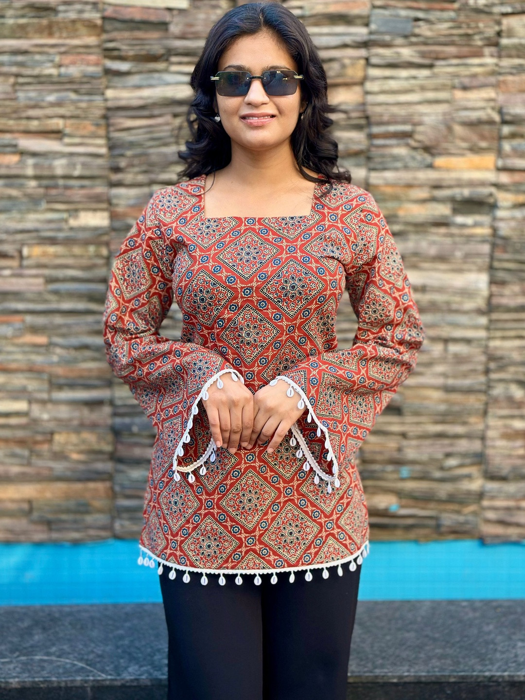 Deeps Fashion Ethnic Motifs Printed Square Neck Flared Sleeves Pure Cotton Kurti